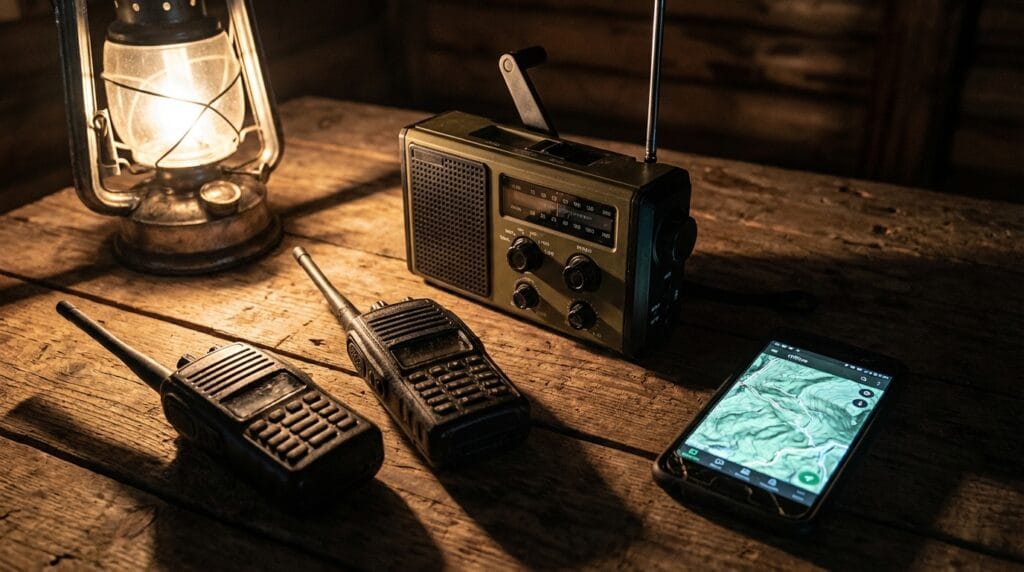 Sprzęt do łączności kryzysowej: radio na korbkę, walkie talkie i nawigacja offline w telefonie.