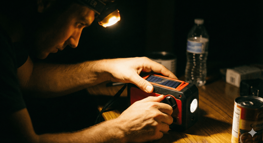 Radio awaryjne na korbkę dynamo i latarka.
