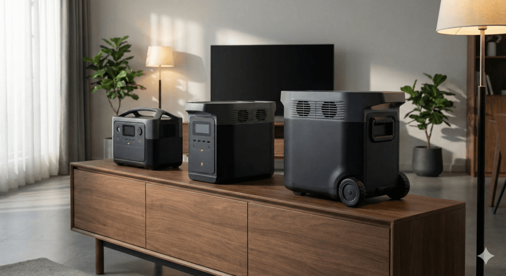 Jak wybrać stację zasilania? Trzy stacje zasilania o różnych wielkościach ustawione obok siebie, obrazujące różnice w gabarytach i mobilności.