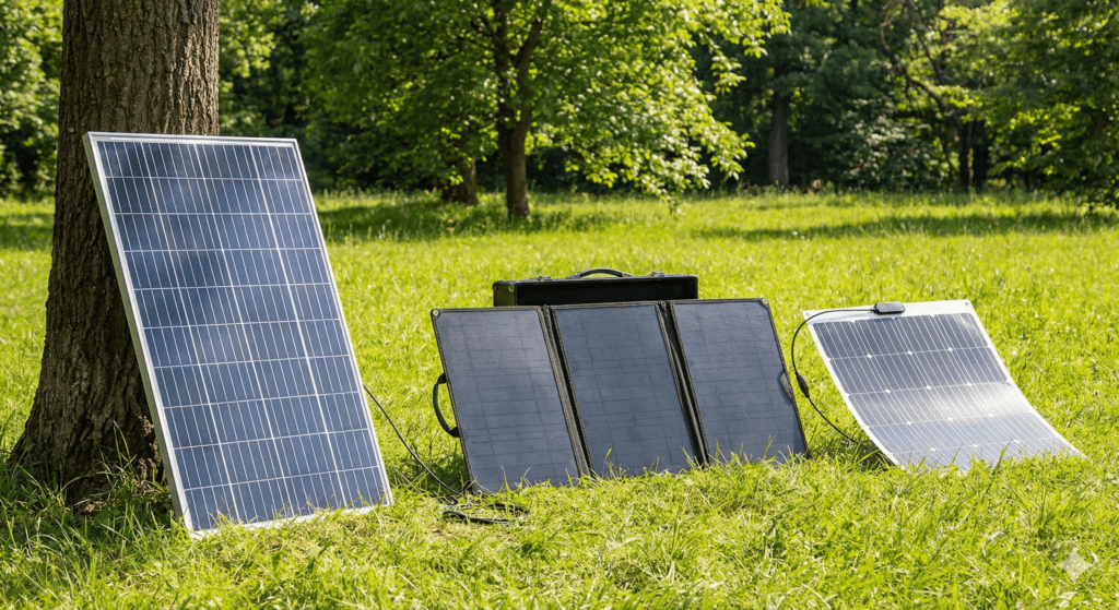 Rodzaje paneli fotowoltaicznych: sztywne, składane i elastyczne.