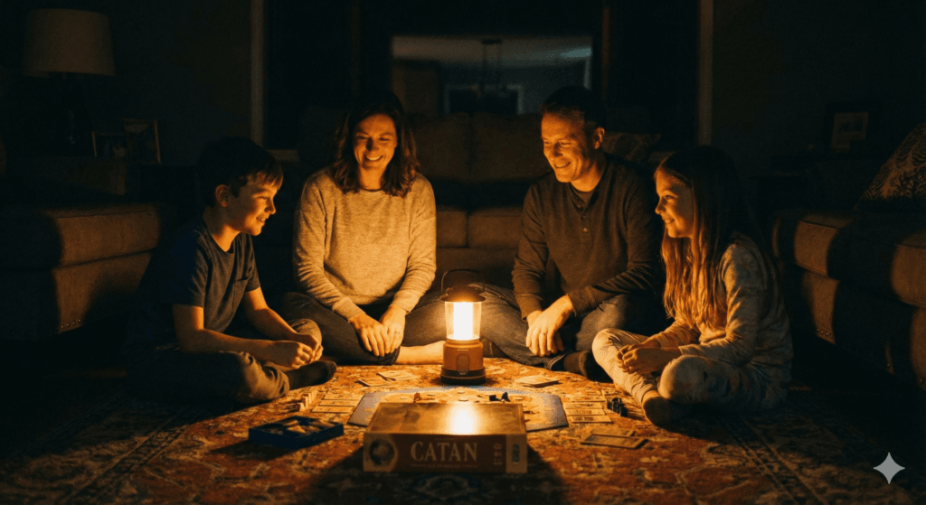 Rodzina z dziećmi grająca w gry planszowe na podłodze w salonie, oświetlona ciepłym światłem lampy kempingowej LED.