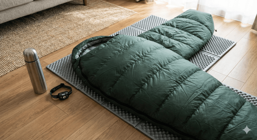 Śpiwór typu mumia leżący na karimacie w mieszkaniu, obok termosu i latarki czołowej.