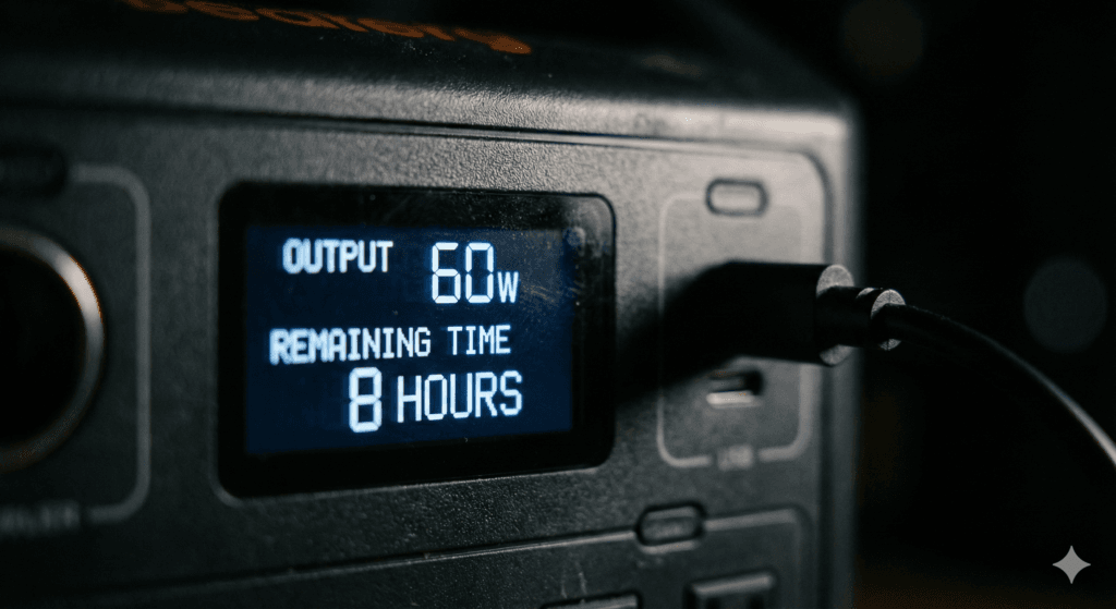 Wyświetlacz stacji zasilania pokazujący czas pracy i pobór mocy.