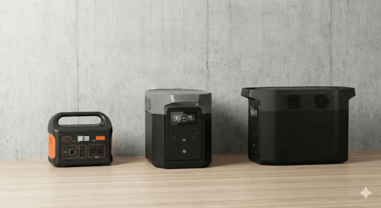 Stacja zasilania w domu podczas awarii prądu zasilająca laptopa, lampkę i lodówkę.