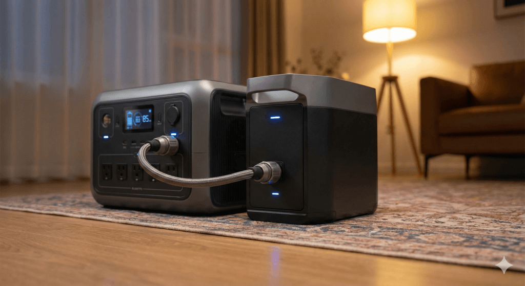 Stacja zasilania połączona grubym kablem z dodatkowym modułem bateryjnym stojąca na podłodze w salonie.