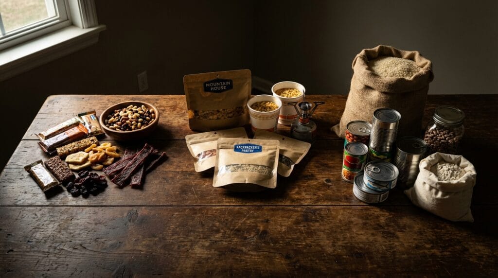 Trzy rodzaje żywności awaryjnej, w tym jedzenie bez gotowania, ułożone na stole jako strategie.