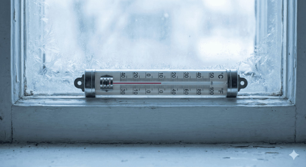 Termometr domowy stojący na parapecie przy oszronionym oknie wskazujący niską temperaturę.