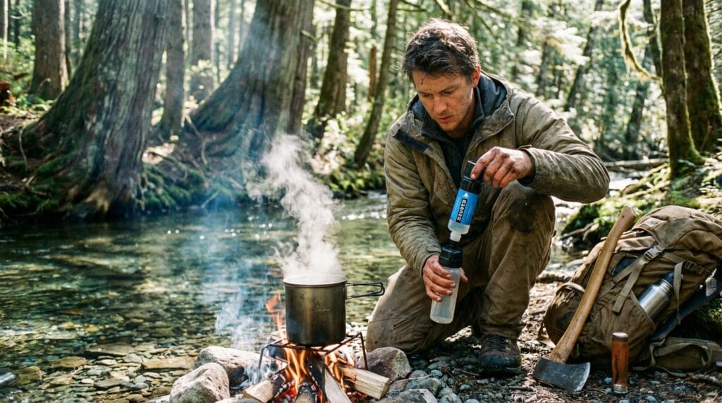 Awaryjny zapas wody: uzdatnianie wody poprzez filtrację.