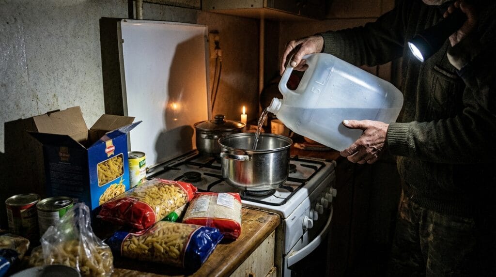 Zapas wody w domu niezbędny do gotowania. Osoba nalewa wodę z baniaka do garnka w kuchni.
