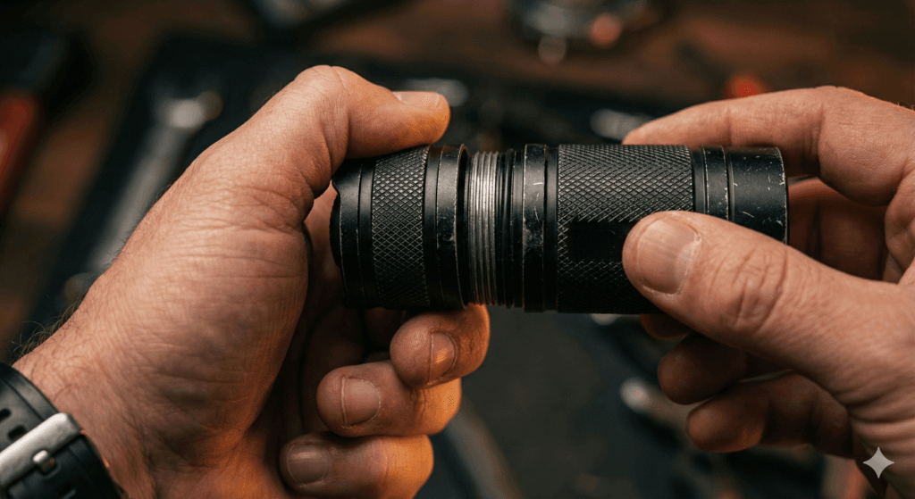 Zbliżenie na dłonie lekko odkręcające tylną zakrętkę latarki w celu zabezpieczenia jej przed przypadkowym włączeniem.