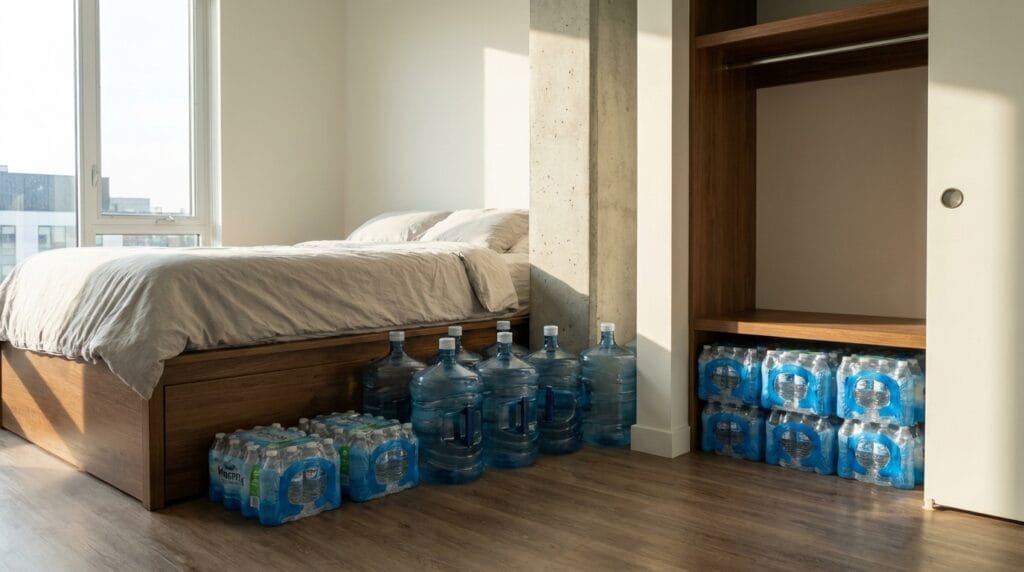 Zapas wody w domu: butelki z wodą rozłożone pod łóżkiem i w szafie w mieszkaniu w bloku.