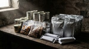 Żywność długoterminowa i awaryjna: zapas konserw, racji żywnościowych w torebkach, orzechów i batonów na drewnianym stole w piwnicy.