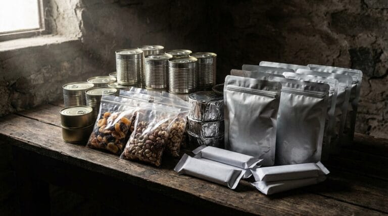 Żywność długoterminowa i awaryjna: zapas konserw, racji żywnościowych w torebkach, orzechów i batonów na drewnianym stole w piwnicy.