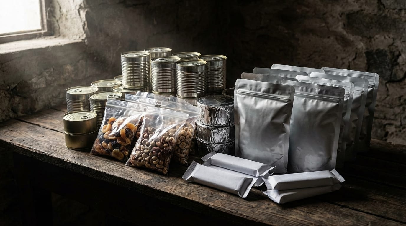 Żywność długoterminowa i awaryjna: zapas konserw, racji żywnościowych w torebkach, orzechów i batonów na drewnianym stole w piwnicy.