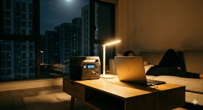 Stacja zasilania w mieszkaniu podczas awarii prądu w bloku.