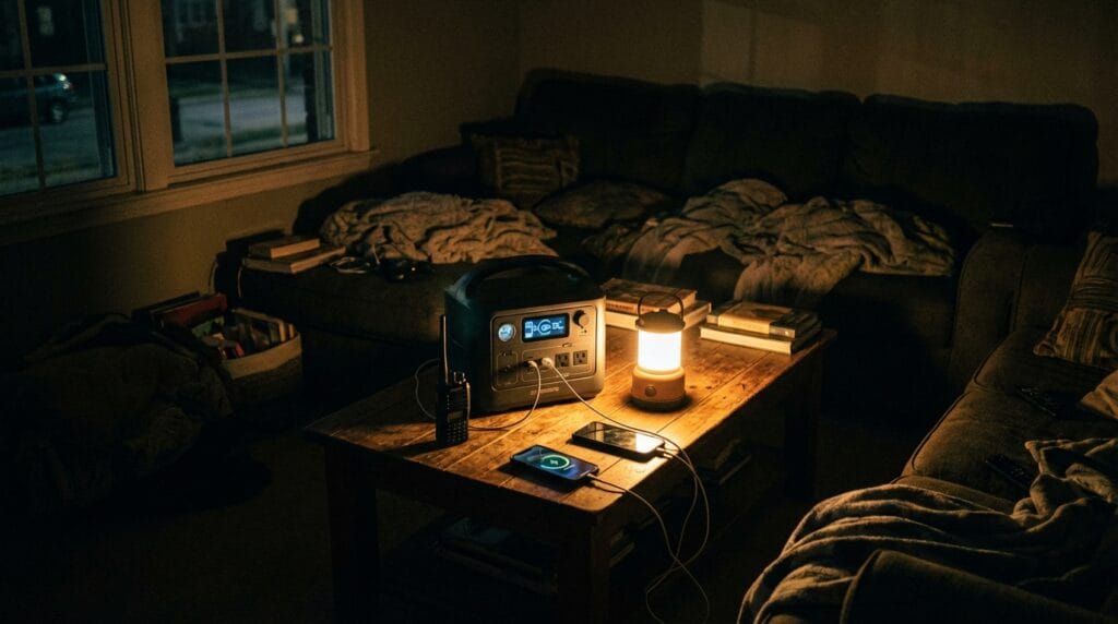 Przenośna stacja zasilania 230V w mieszkaniu, zasilająca laptopa podczas awarii prądu w bloku.