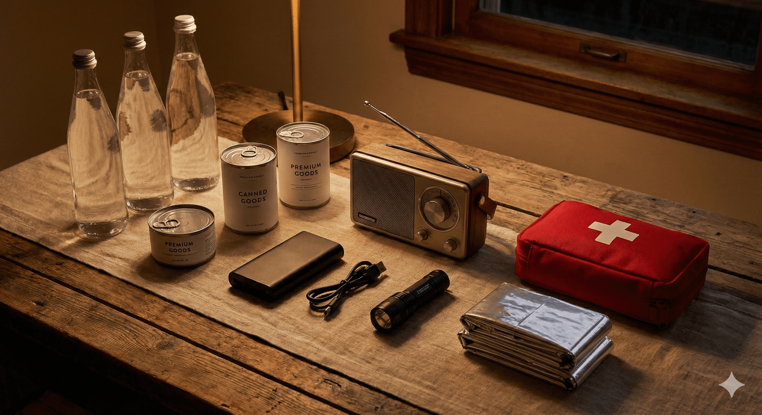 Zestaw awaryjny na blackout latarka radio woda zapasy.