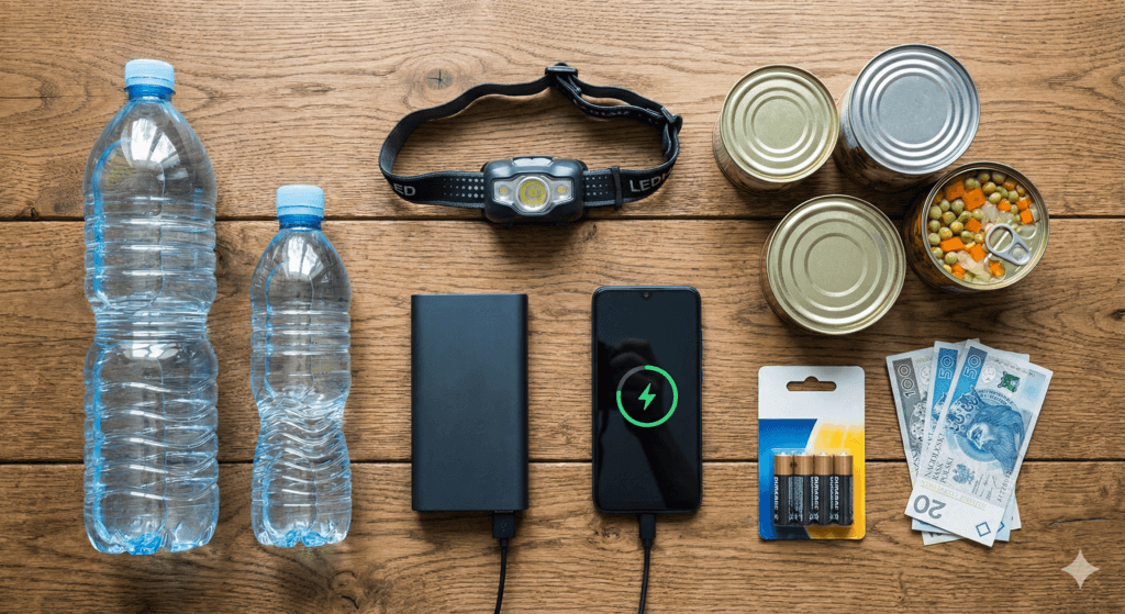 Zestaw awaryjny na blackout ułożony na stole: butelki wody, latarka czołowa, powerbank, konserwy, baterie i gotówka.