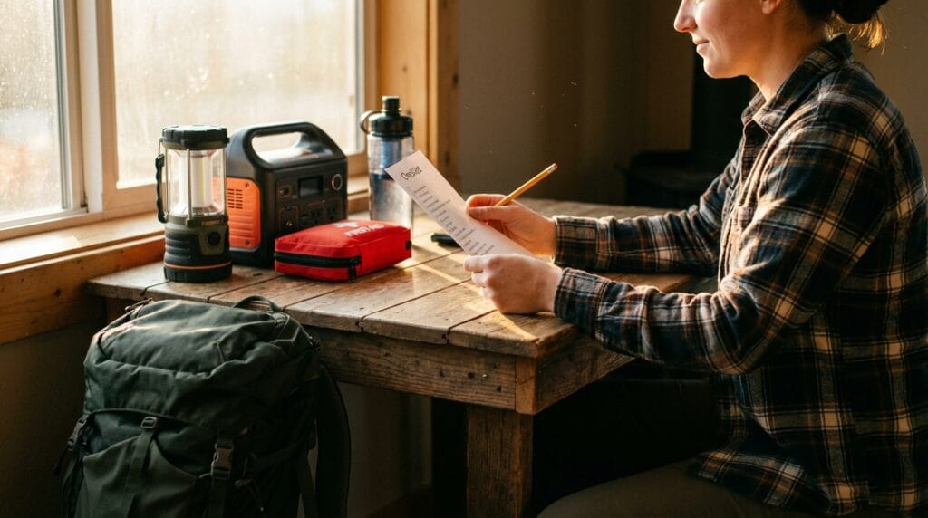 Osoba przegląda checklistę gotowości na blackout, obok leży sprzęt survivalowy i powerbank.