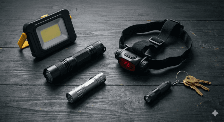 Zestaw 5 typów latarek awaryjnych ułożonych na drewnianym stole: czołówka, lampa warsztatowa, latarka taktyczna, EDC i brelok.