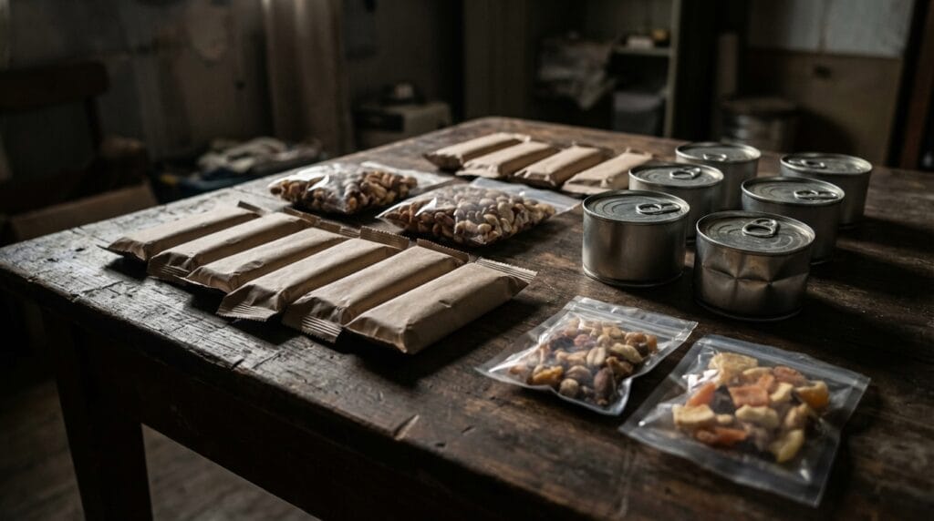 Jedzenie bez gotowania na pierwsze 48h: konserwy, batony, orzechy i suszone owoce na stole.