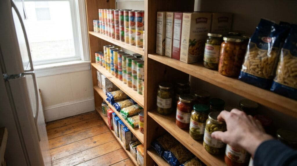 Osoba robiąca audyt zapasów w swojej domowej spiżarni pełnej jedzenia.