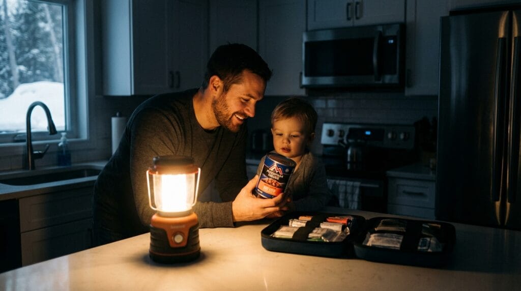 Ojciec z dzieckiem przy zapasach jedzenia na wypadek awarii prądu. Jedzenie bez gotowania w mieszkaniu.