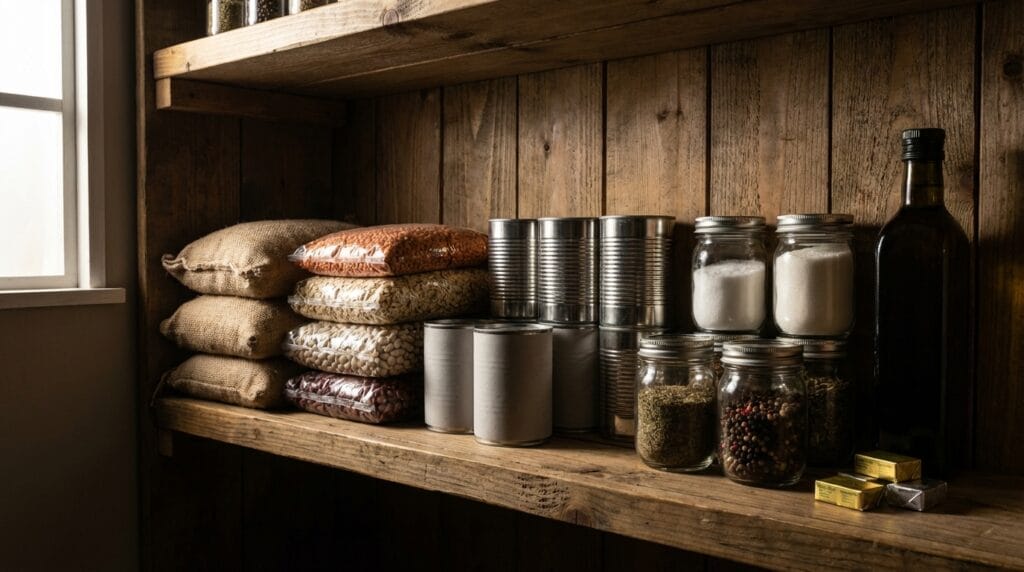 Domowa spiżarnia z zapasami na trudne czasy. Produkty długoterminowe, konserwy i kasze.