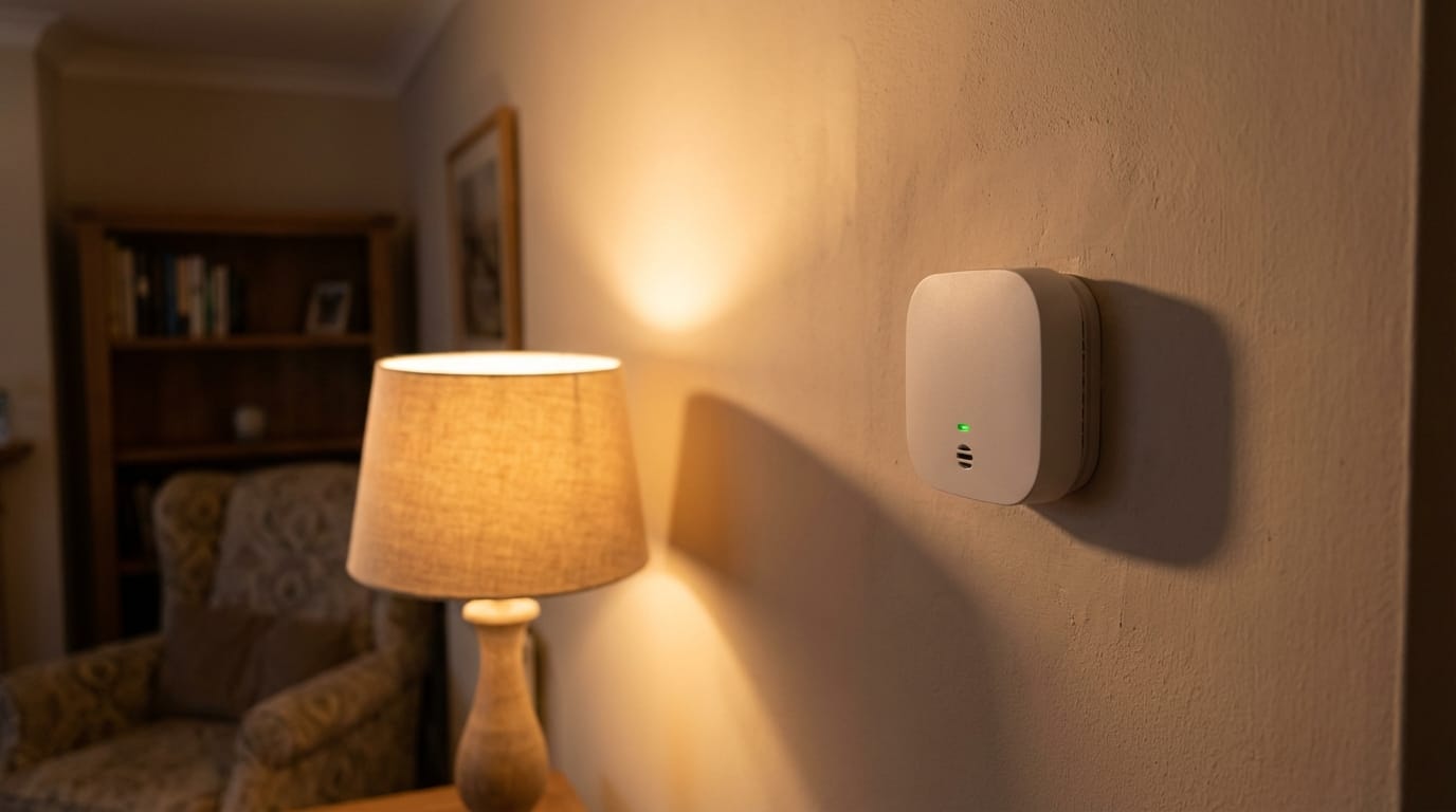 Nowoczesny czujnik czadu na ścianie w domowym wnętrzu, symbol bezpieczeństwa i ochrony rodziny.