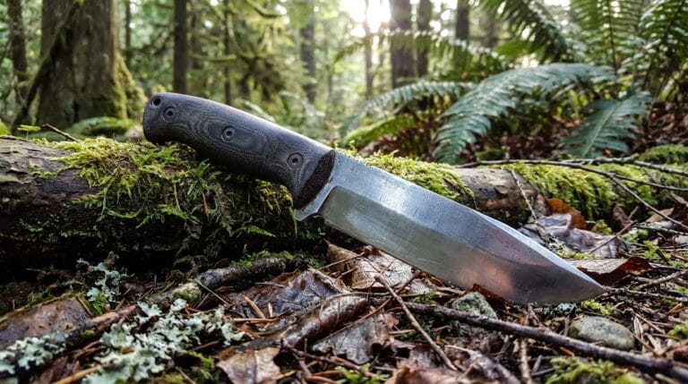 Nóż survivalowy leżący na mchu w lesie, symbol narzędzia do przetrwania