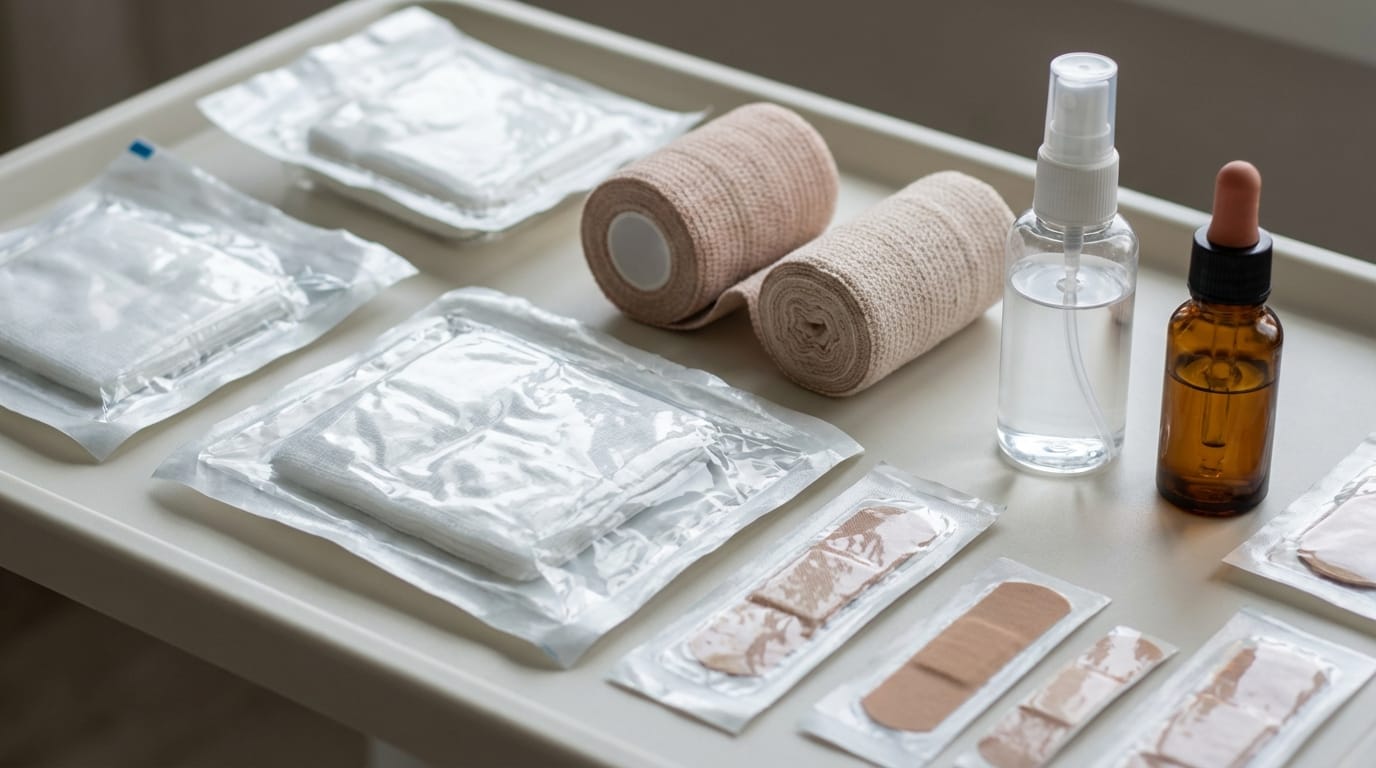 Zestaw nowoczesnych opatrunków i środków odkażających do pierwszej pomocy