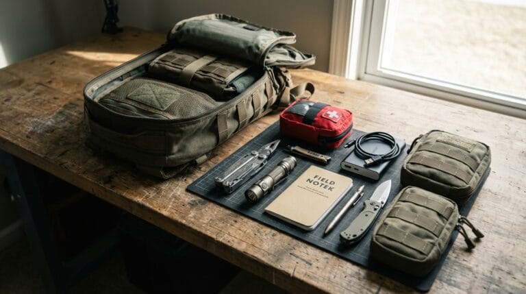 Dobrze zorganizowany plecak Everyday Carry (EDC) i modułowe wyposażenie gotowe do spakowania