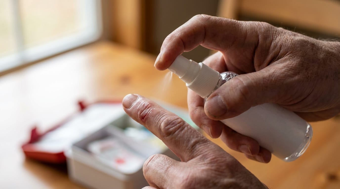 Osoba odkażająca małą ranę na palcu płynem z oktenidyną w sprayu. Środki do dezynfekcji ran.