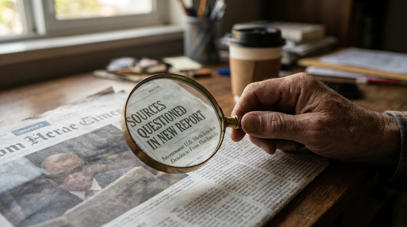 Ręka trzymająca lupę, badająca źródło informacji na ekranie lub gazecie