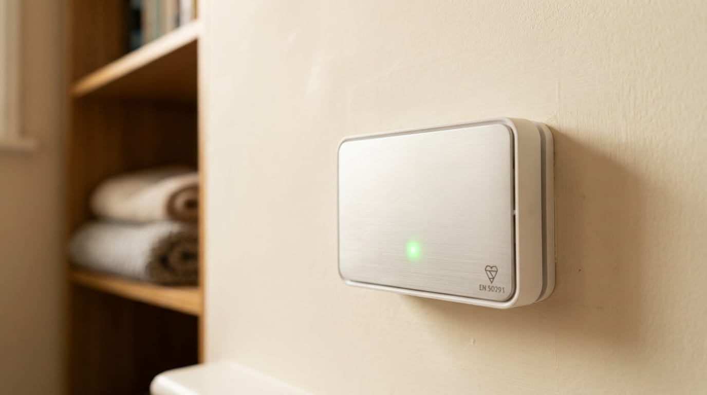 Nowoczesny czujnik tlenku węgla na ścianie, symbolizujący bezpieczeństwo dzięki normie EN 50291.