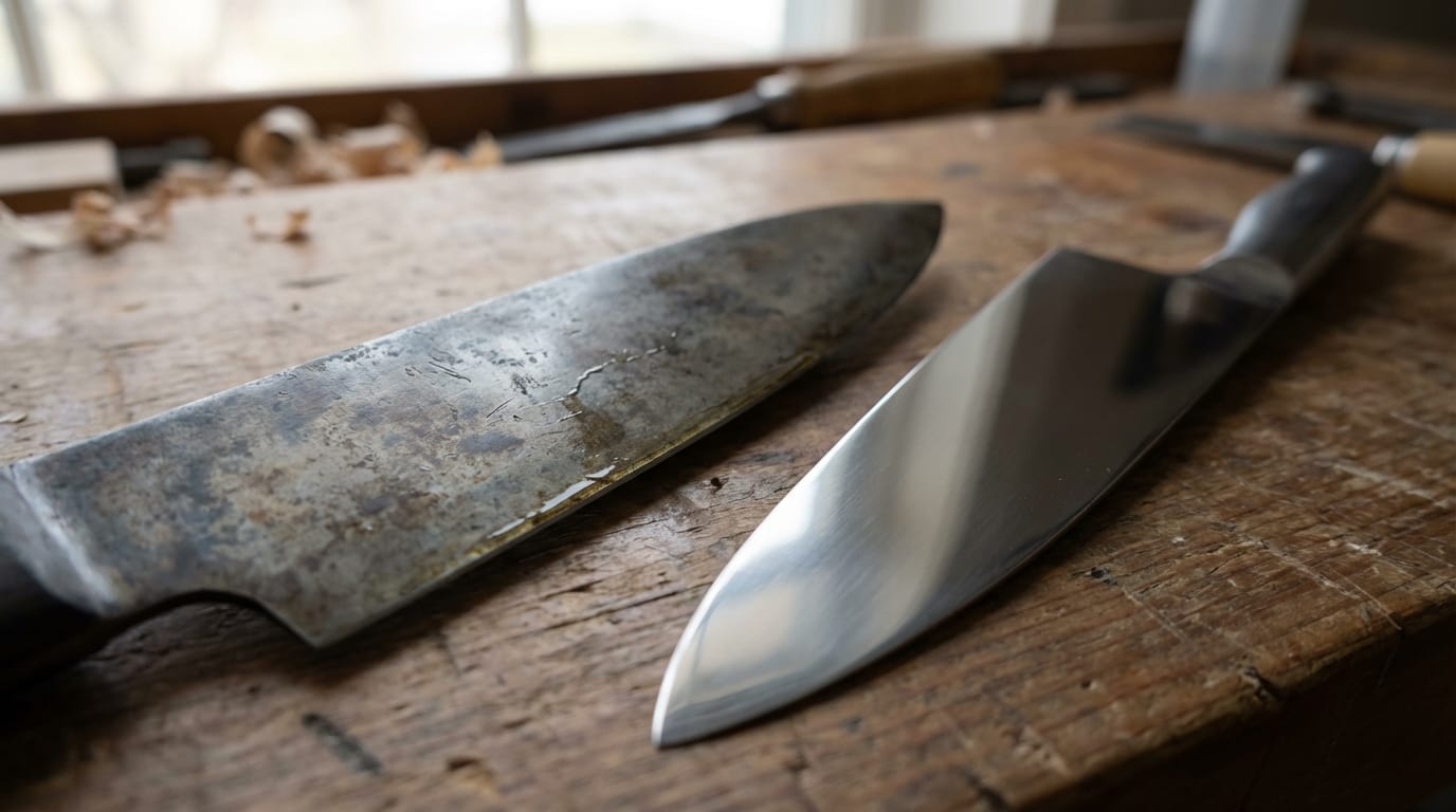 Dwa ostrza noża: stal węglowa z patyną i nierdzewna, porównanie materiałów, konserwacja, twardość HRC.