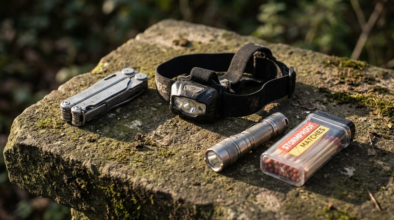 Zestaw narzędzi EDC: multitool, latarki czołowa i ręczna, zapałki sztormowe, gotowe do użycia.