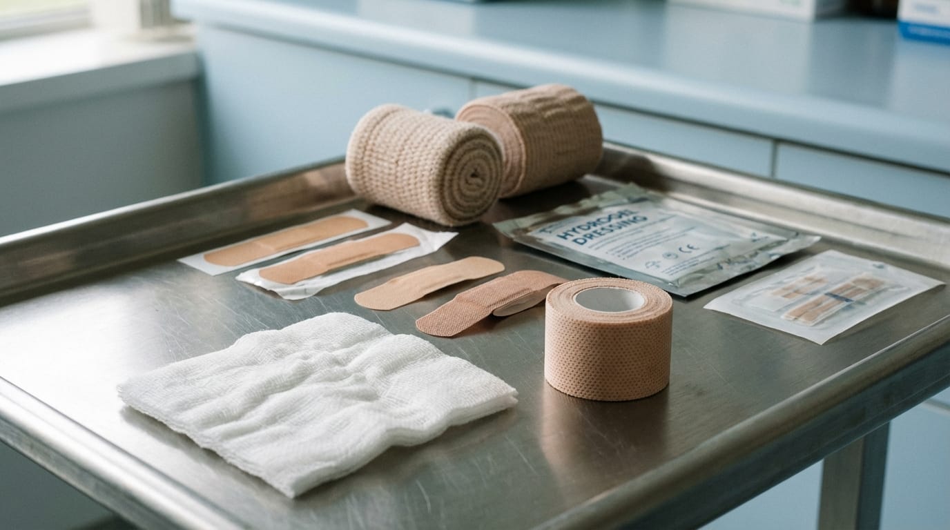 Różnorodne opatrunki: plastry, kompresy, bandaże, hydrożelowe, paski do ran. Sprzęt medyczny.