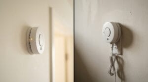 Dwa czujniki dymu: bateryjny i sieciowy, porównanie zasilania, bezpieczeństwo w domu, smart home