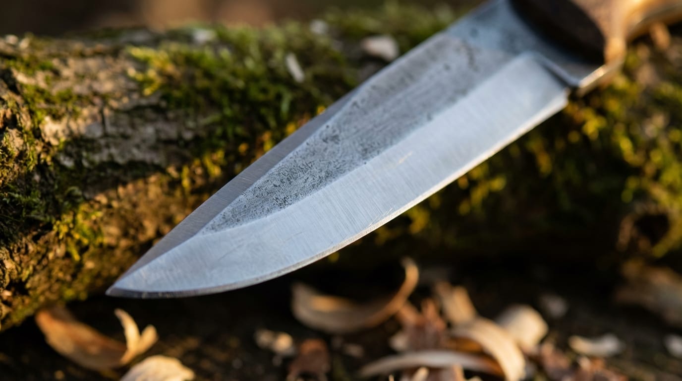 Zbliżenie na ostrą głownię noża z widocznym szlifem skandynawskim, podkreślające geometrię krawędzi.
