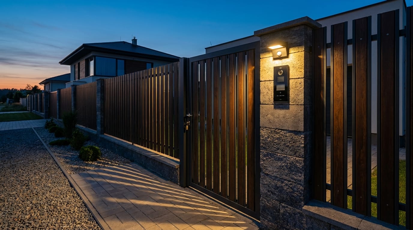 Nowoczesny dom z ogrodzeniem, wideodomofonem i oświetleniem z czujnikiem ruchu, ochrona posesji