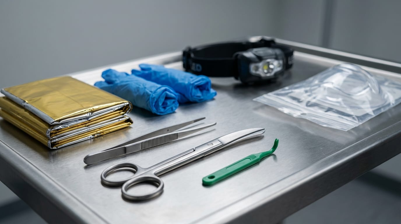 Podstawowe narzędzia pierwszej pomocy: nożyczki, pęseta, rękawiczki, koc NRC, latarka, maska CPR