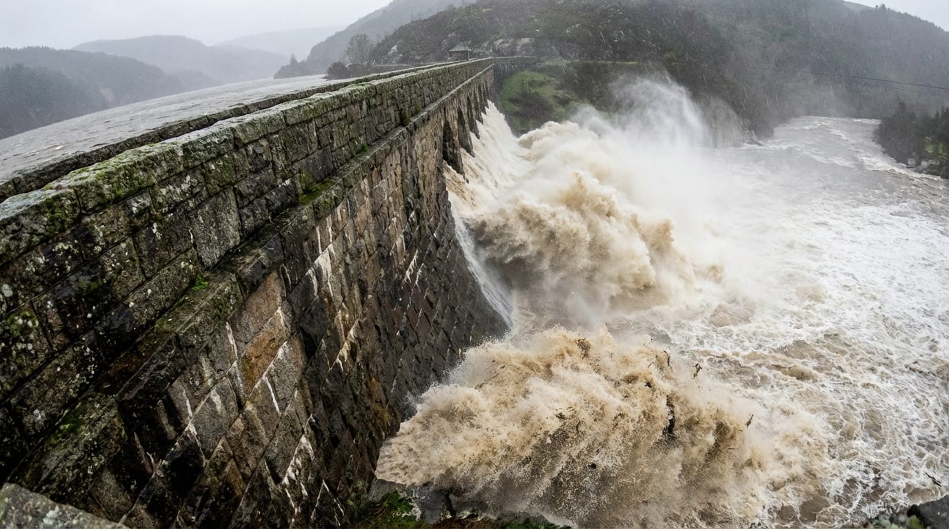 Kamienna tama zatrzymująca falę mętnej wody, symbol odpowiedzialności i walki z dezinformacją.