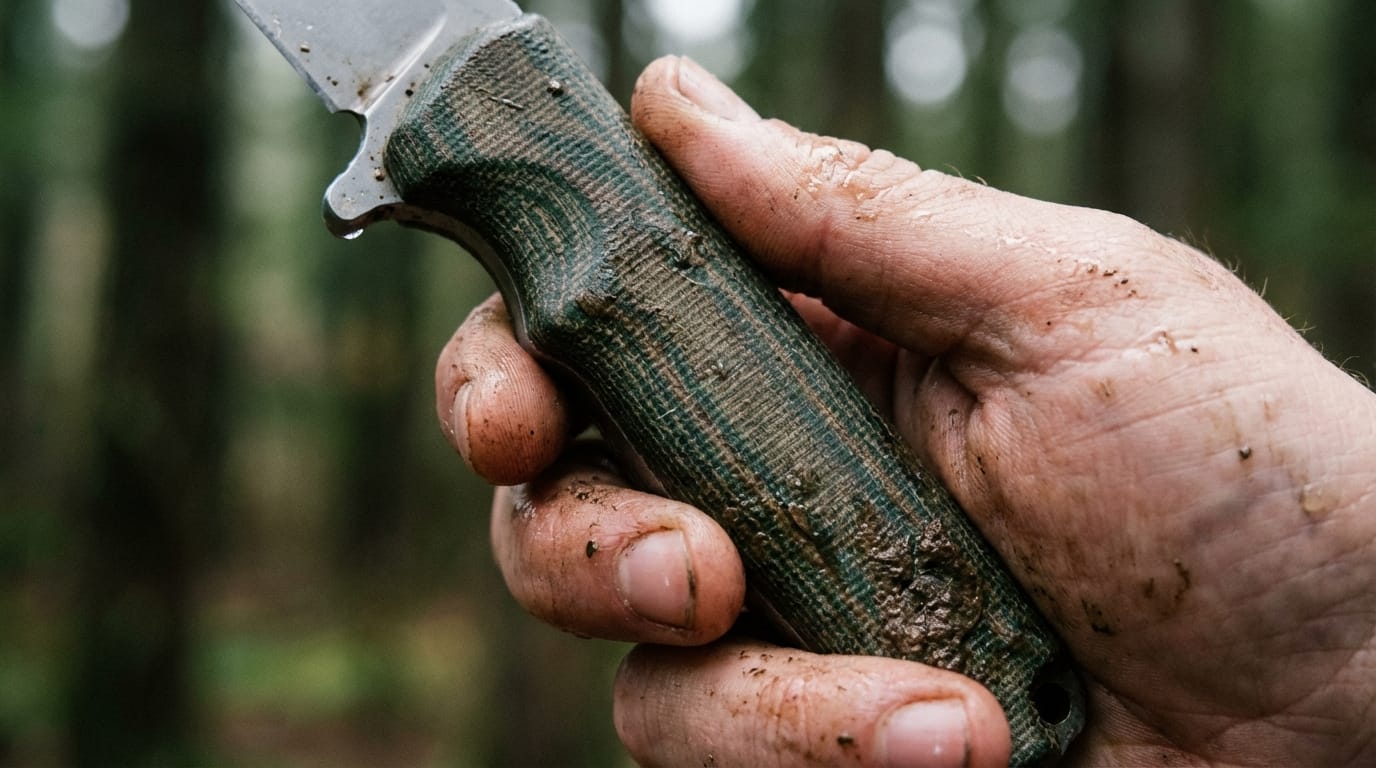 Dłoń trzymająca rękojeść noża, Micarta G10, ergonomiczny chwyt, bezpieczeństwo jelca