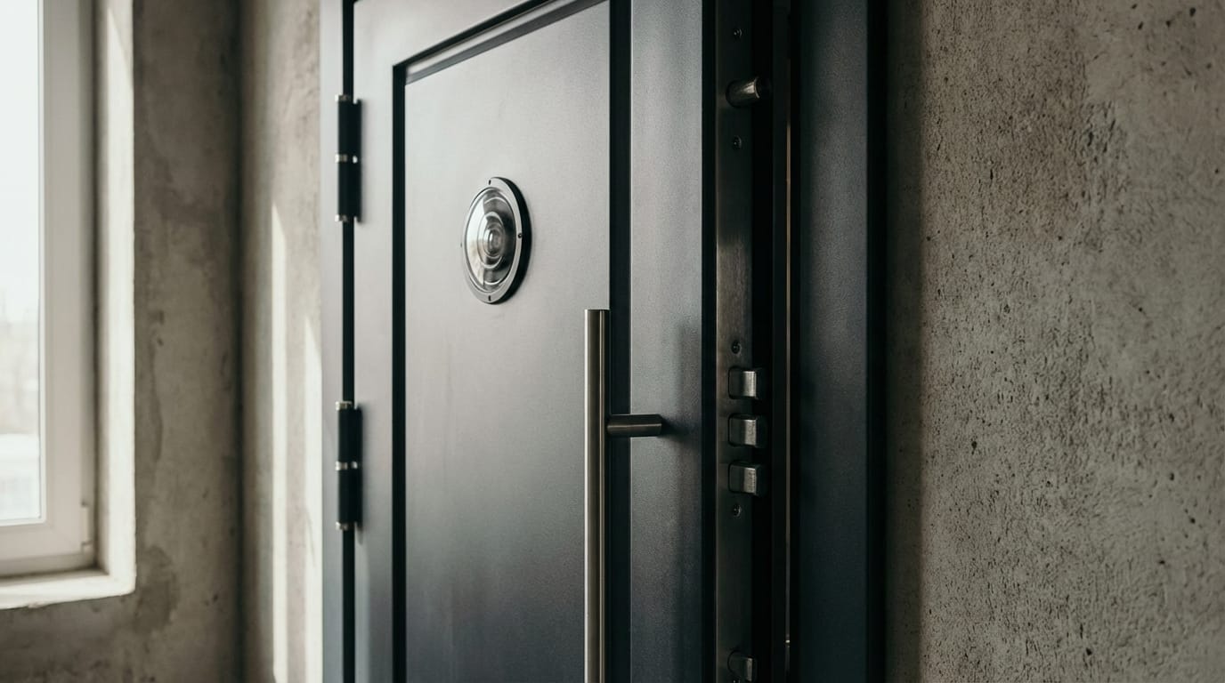 Szczegóły bezpiecznych drzwi wejściowych z zamkami antywłamaniowymi i wzmocnieniami.