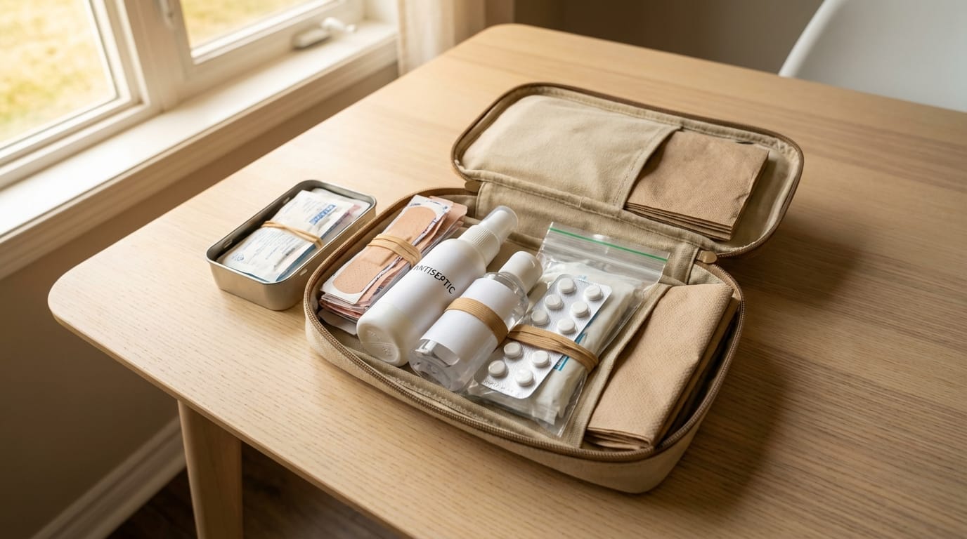 Spersonalizowana apteczka pierwszej pomocy i zestaw higieniczny na jasnym tle, gotowe do użycia.