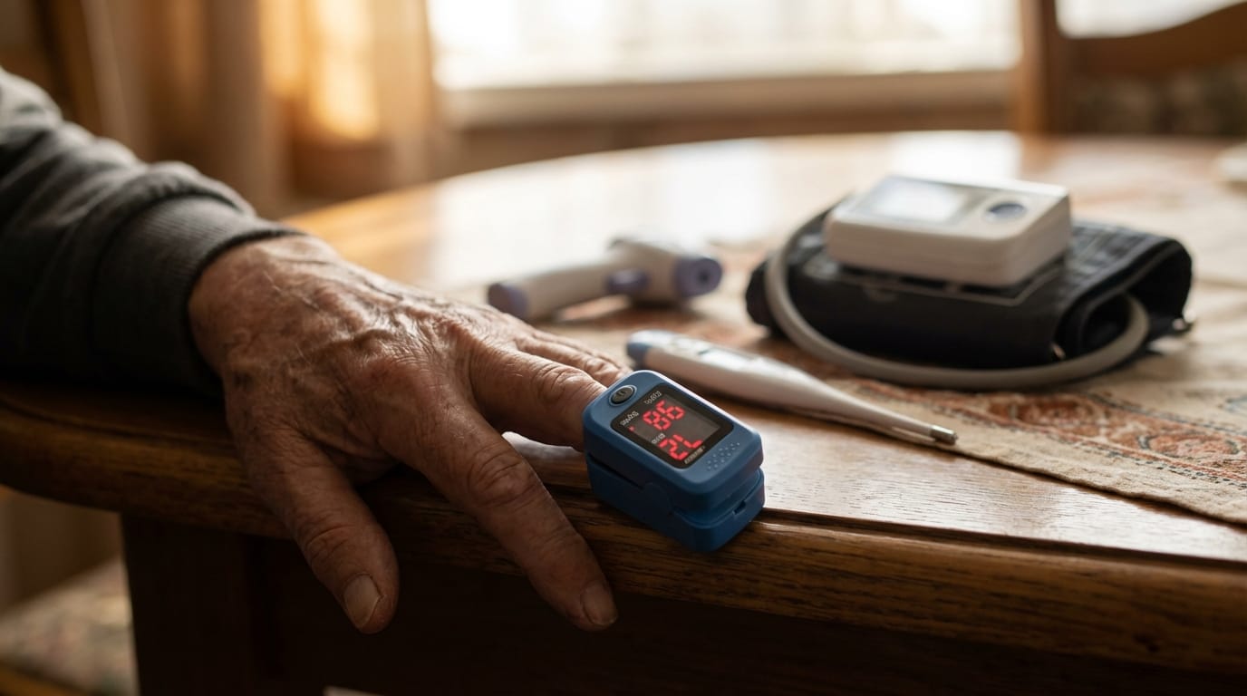 Dłoń z pulsoksymetrem, termometr i ciśnieniomierz - podstawowy sprzęt diagnostyczny domowej apteczki.