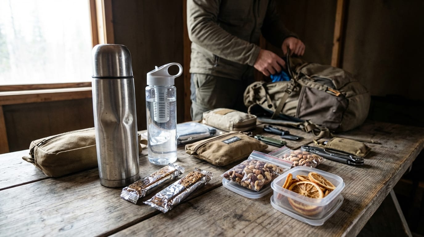Zapas wody, termos, batony, orzechy, suszone owoce dla rodziny w sytuacji awaryjnej