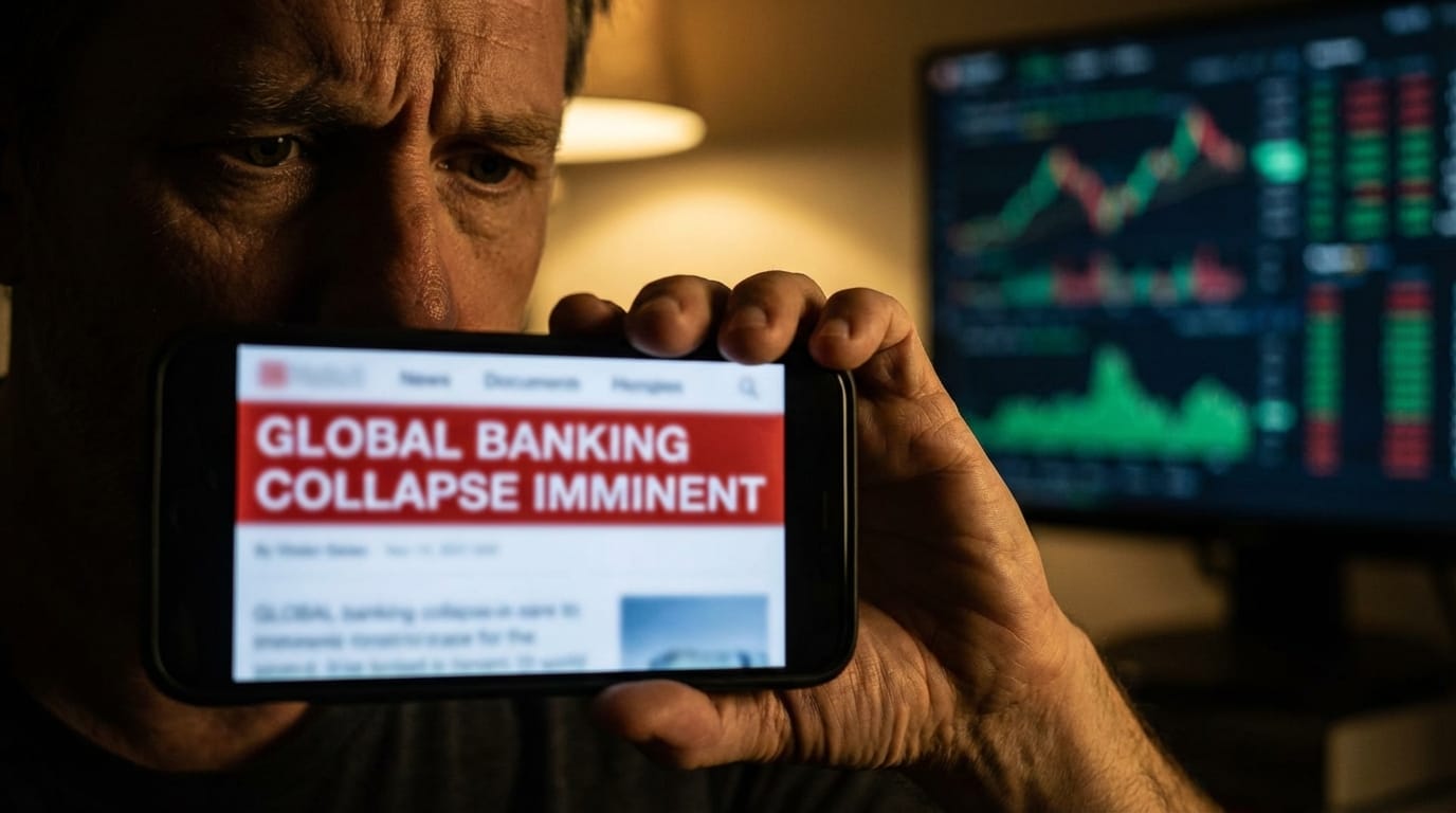 Zaniepokojona osoba z telefonem wyświetlającym fałszywe finansowe wiadomości, fake news, dezinformacja