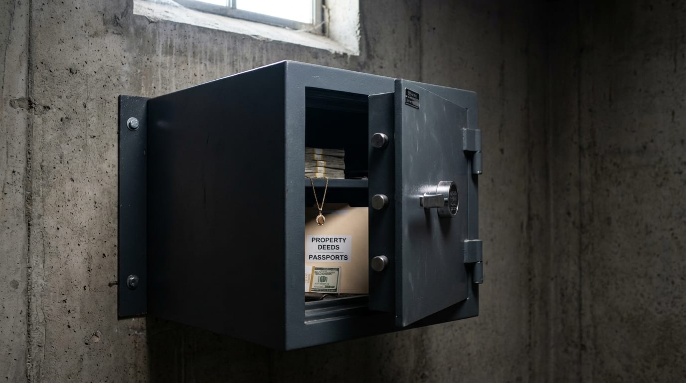 Sejf z gotówką i biżuterią, zabezpieczenie mienia, ochrona przed kradzieżą, minimalizacja strat